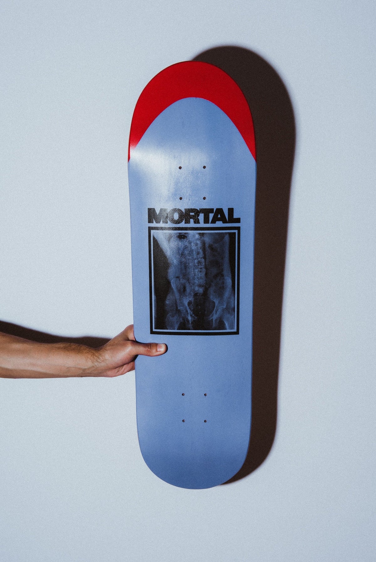A light blue skateboard deck with a red top strip and a black-and-white X-ray graphic, held by a person's hand against a pale gray wall.
